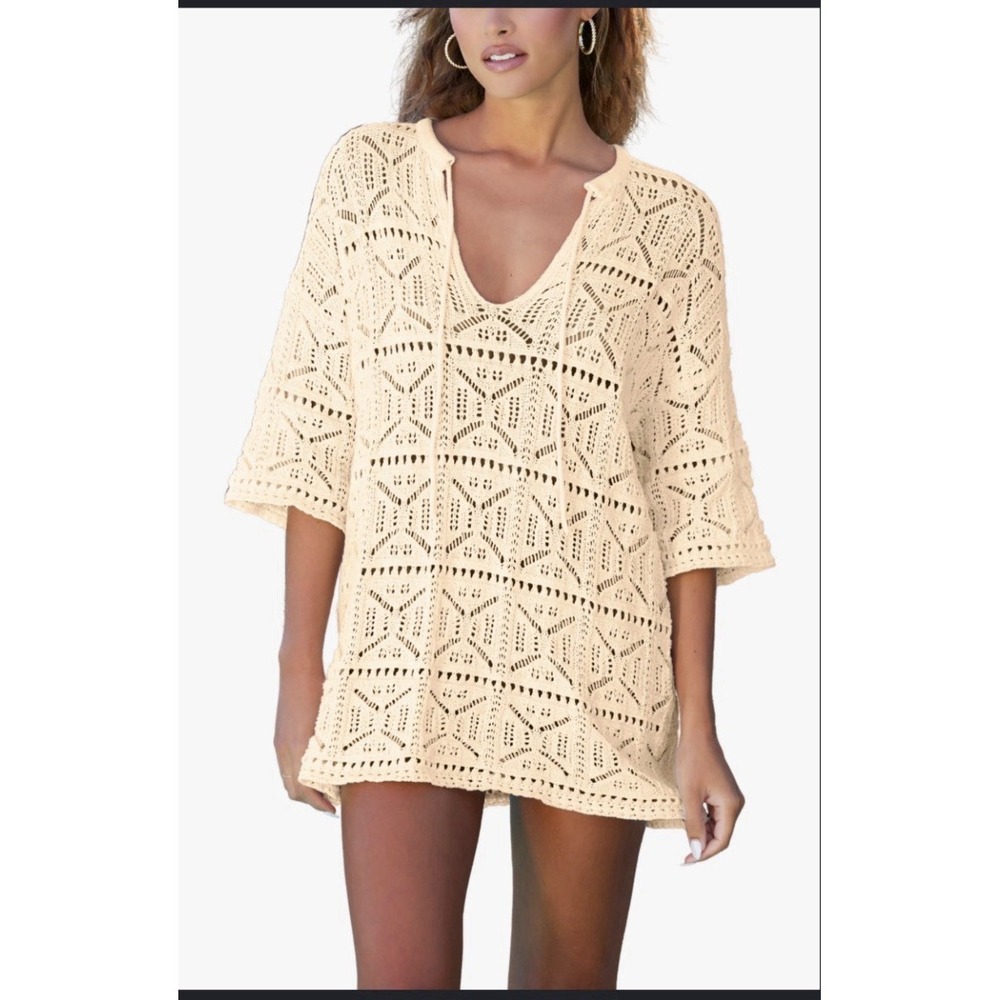 Bishop + Young Hampton Tunic Women S Ivory Crochet Open Knit Beach Cover Up Boho